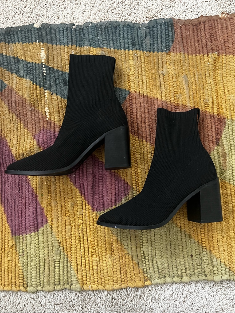 Steven Black Knit Sock Booties with Block Heel